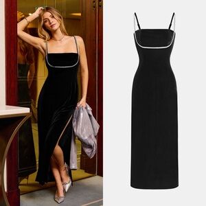 Elegant Black Velvet Slip Dress with Rhinestone Trim